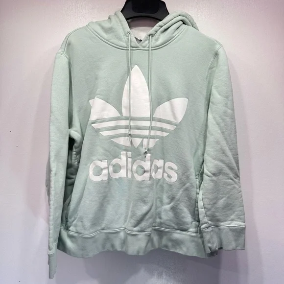 Adidas Mint Green White Logo Hoodie Soft Cotton Terry Pockets Lined Hood - Picture 2 of 8